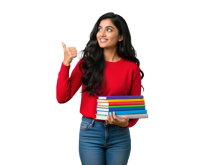 Textbook rental or campus bookstore outreach for back to school season about book exchange programs with a smiling Indian college student holding course books useful for flyers and newsletters