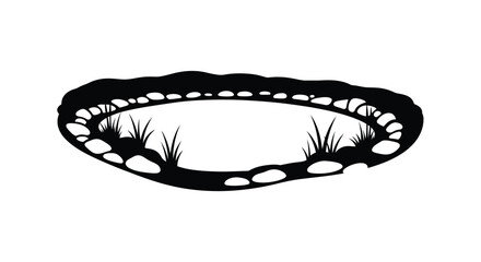 Simple black and white illustration of a pond with rocks and grass