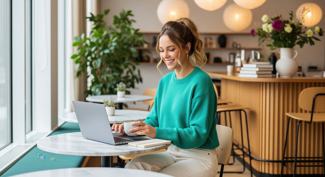 Happy woman in a cafe chats online and checks shopping carts with price comparisons using loyalty rewards or promo codes for checkout about gifts or subscriptions, helpful for marketplaces