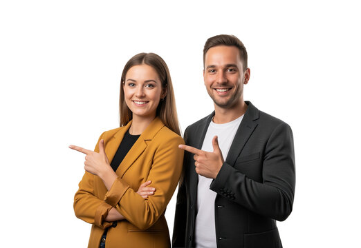 Two professionals pointing to the side as attention cue for referral program visuals or product feature highlights and event announcements, suitable for ads and newsletters for business outreach
