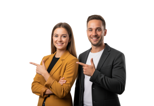 Two professionals pointing to the side as attention cue for referral program visuals or product feature highlights and event announcements, suitable for ads and newsletters for business outreach