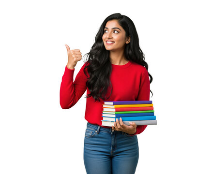 Textbook rental or campus bookstore outreach for back to school season about book exchange programs with a smiling Indian college student holding course books useful for flyers and newsletters