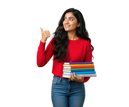 Textbook rental or campus bookstore outreach for back to school season about book exchange programs with a smiling Indian college student holding course books useful for flyers and newsletters
