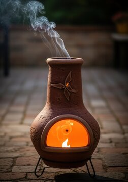 A clay chiminea with a glowing fire emits smoke on an outdoor patio. Traditional terracotta fireplace for backyard warmth and cozy ambiance