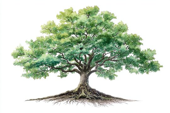 Mature deciduous tree rendered in watercolor style displays dense green foliage and exposed surface roots