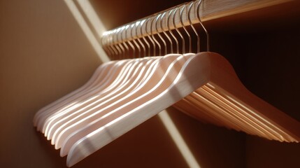 Close-up of a wooden hanger hanging on a wooden shelf. the hanger is made of a light-colored wood and has multiple rows of thin, curved lines running horizontally across it.