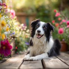 Fototapeta premium A Gorgeous Border Collie Laying on A sunlit Patio Surrounded by Colorful Flowers (Generative Ai)