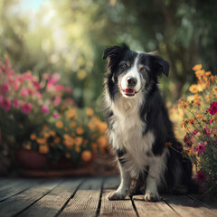 Fototapeta premium A Cute Elder Border Collie Sitting on A Wooden Patio Surrounded By Colorful Flowers (Generative Ai)