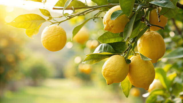 Lemon on tree in garden, Lemons on tree in natural warm sunlight background