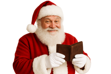 santa claus with gift. Santa opening wallet. Preparing for Christmas shopping.