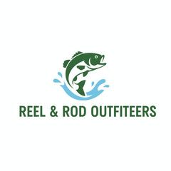 A logo design depicts a jumping fish with water splashes and text. Green, blue, and white colors used
