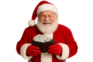 Santa holding wallet with cash. Symbol of generosity.