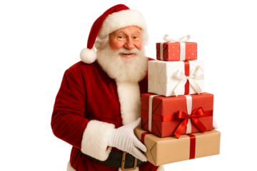 Santa with a tall stack of gifts. Joy and generosity of the holidays.