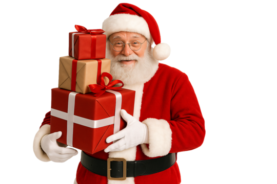 Santa holding red and gold gift boxes. Classic holiday presents.