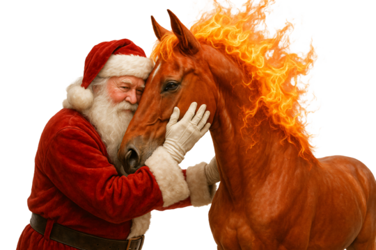 Santa gently touching a fiery horse. A moment of trust and warmth.