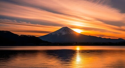 Majestic mount fuji illuminated by a vibrant sunset over a tranquil lake