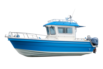 Modern Blue and White Cabin Cruiser isolated on a transparent background