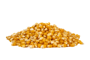 Pile of yellow popcorn kernels on white. Perfect for food backgrounds, agriculture, organic and healthy eating themes. 