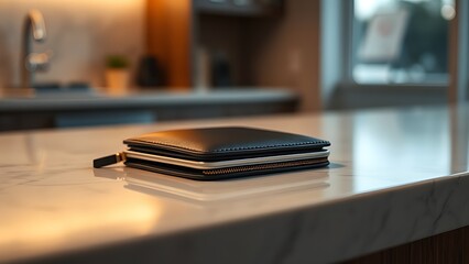 cardholder. Close-up of a stylish wallet on a simple countertop with warm ambient lighting. lifestyle magazines, social media lookbooks, designed for influencer and brand collaborations.