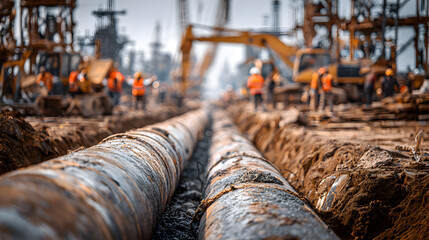 Naklejka premium Pipeline installation at a construction site trench with machinery.
