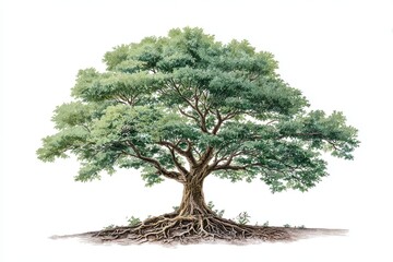Mature deciduous tree displays extensive root system and dense green canopy