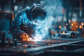 Industrial worker performs metal joining process under bright arc light indoors