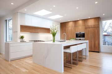 Contemporary kitchen space features bright white surfaces contrasted with rich wood grain cabinetry