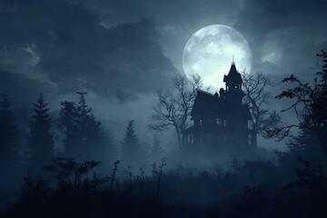 Eerie, isolated mansion stands silhouetted against a giant luminous full moon in a foggy night landscape