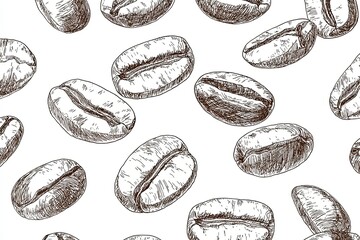 Hand drawn illustration of roasted coffee beans forms a seamless pattern on a white background