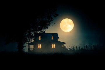 Eerie dwelling sits under the glow of a massive yellow moon in the dark night