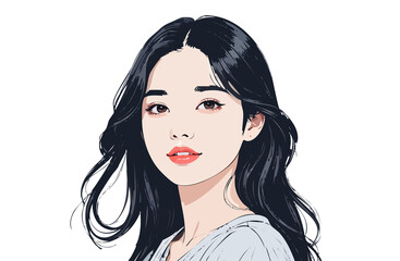 軽く微笑むロングヘアの女性のおしゃれな手描きイラスト素材