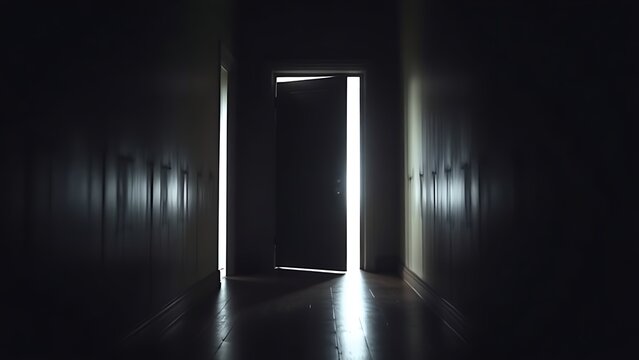 algicide. Dim corridor with a half-open door, mysterious light streaming through the crack. real-estate listings, architecture portfolios, designed for interior renovation comparisons for interiors.