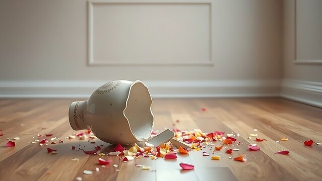 sedition. A shattered ceramic vase on a wooden floor with scattered flower petals in an empty room. wellbeing guides.