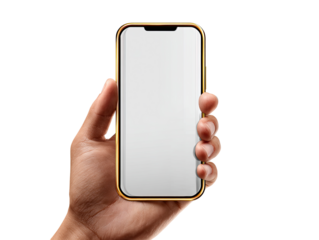 A hand holds a gold-framed smartphone with a blank screen.  The phone is positioned vertically, displaying a clear, empty screen.  The gold frame highlights the device's edges