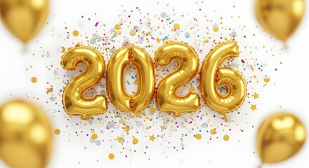 Golden balloons forming the year 2026, isolated on white background