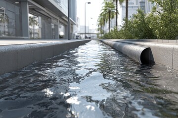 Moving water flows through a narrow concrete channel alongside a city sidewalk
