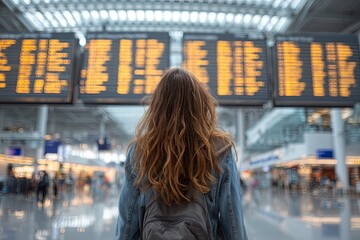 Young woman stands before large departure and arrival information screens inside a modern transportation terminal
