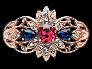 Fototapeta premium Precious rose gold ruby ring jewelry with an ornate floral design. beautiful symbol of passion with sapphire accents
