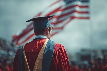 Graduate student wearing academic regalia stands before a large unfurled national flag.