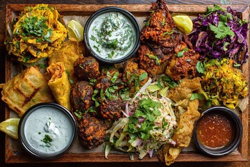 Assortment of richly seasoned appetizers and side dishes presented on a wooden platter