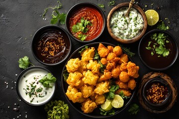 Assortment of golden fried fritters served with various dipping sauces on a dark surface