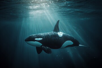 Orca swims gracefully beneath the sunlit ocean surface with dramatic light rays penetrating the deep blue water