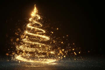 Glowing golden light spirals upward forming a celebratory holiday tree shape against a dark background