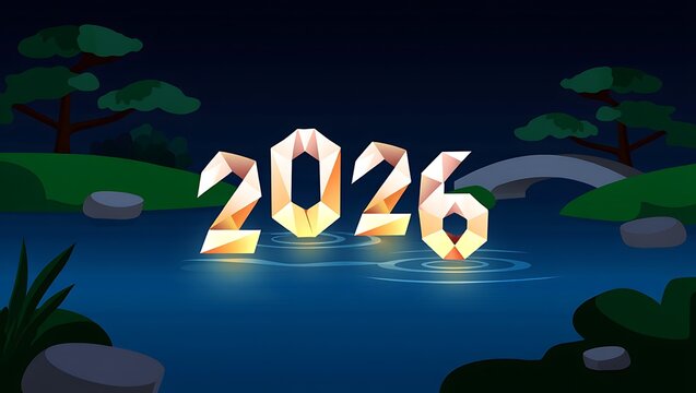 The year 2026 is reflected in calm water
