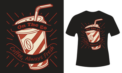 Modern coffee cup illustration with abstract swirls and bold typography