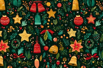 Festive holiday pattern featuring handcrafted ornaments and botanical elements on a dark background