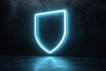 Glowing neon shield outline illuminates dark textured wall and floor surface