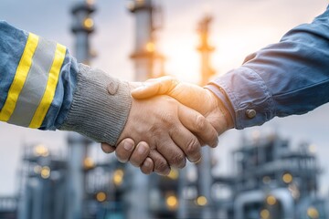 Two individuals shake hands in front of an industrial processing complex at sunset