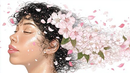 Blossoms Flowing from Curly Hair