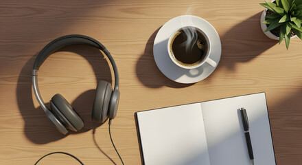 Perfect work setup headphones, coffee, notebook, and plant. Ideal for productivity, remote work, office, relaxation, music, study concepts.